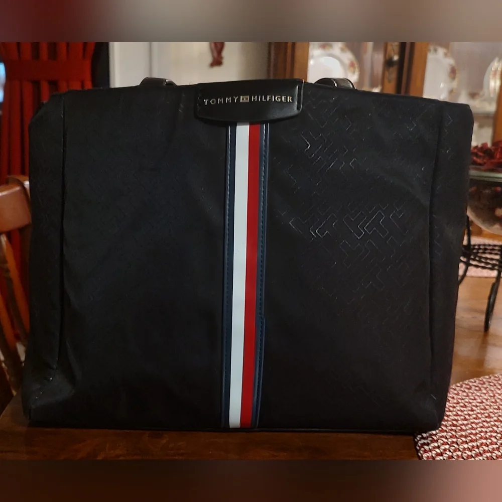 Tommy Hilfiger Black Laptop Bag with Red and White Stripe